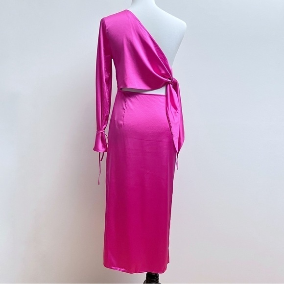 Silk Maison Hot Pink Silk Cut out Asymmetrical One Shoulder Midi Slip Dress NWT - Picture 10 of 16
